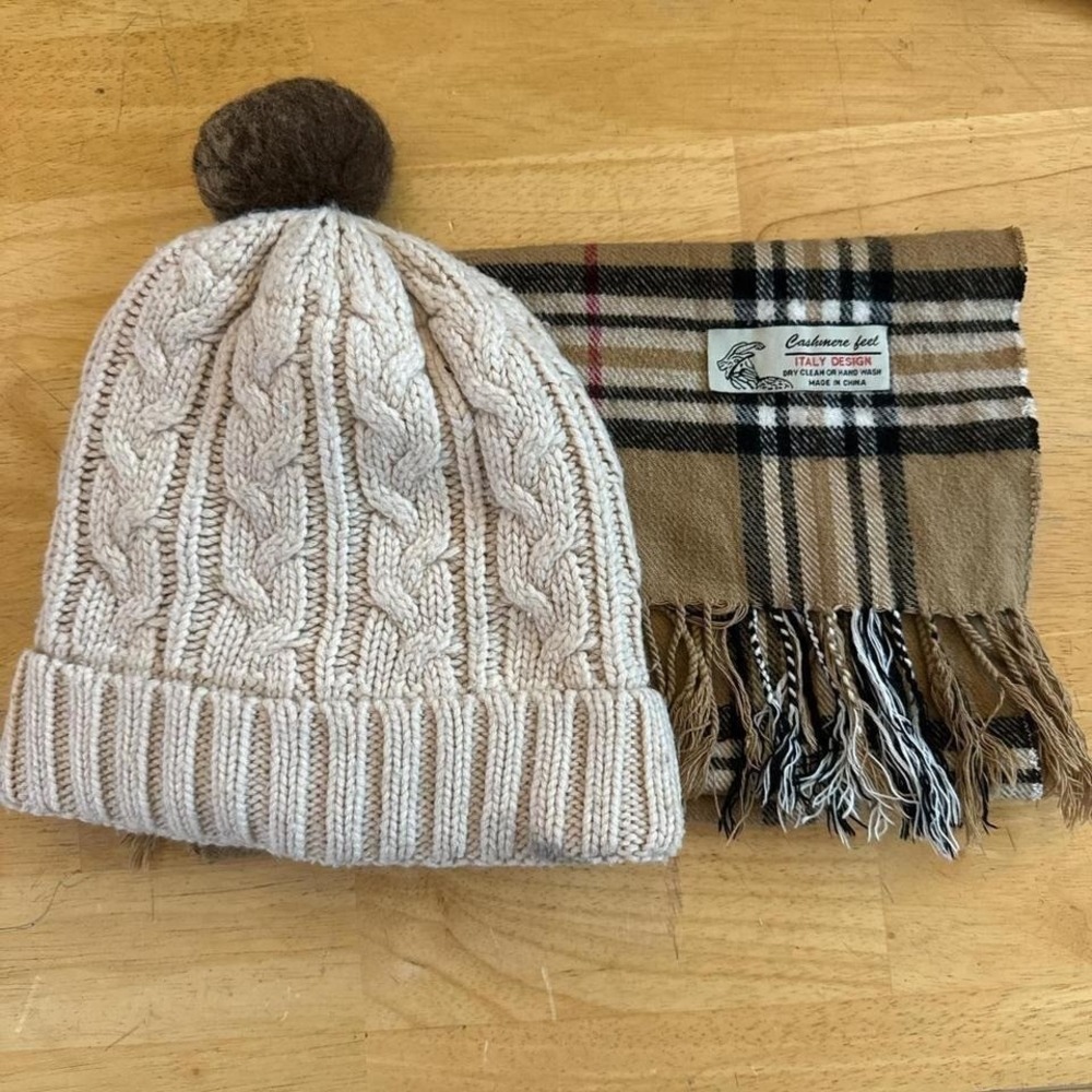 Cozy Cable Knit Beanie and Plaid Scarf ( feels like cashmere)Set Cream Brown